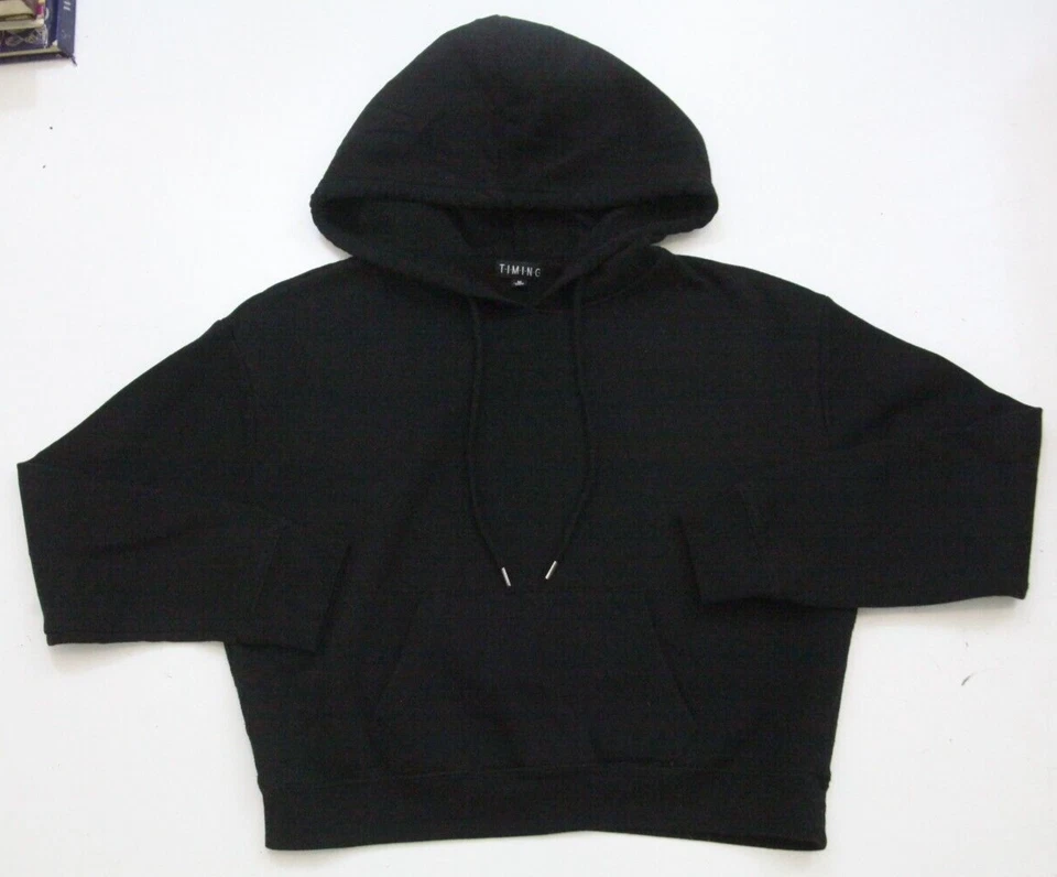 Medium Timing Black Hooded Sweatshirt Top Women's Solid Polyester Cotton WS430 - Image 1 of 4