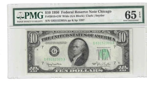 1950 $10 Federal Reserve Note Chicago FR.2010-GW Wide (GA Block) PMG65EPQ. - Picture 1 of 2