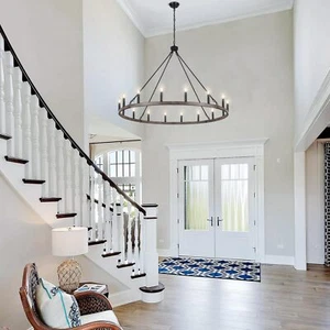 Black Wagon Wheel Chandelier 16 Light Farmhouse Rustic Round Fixture Living Room - Picture 1 of 12