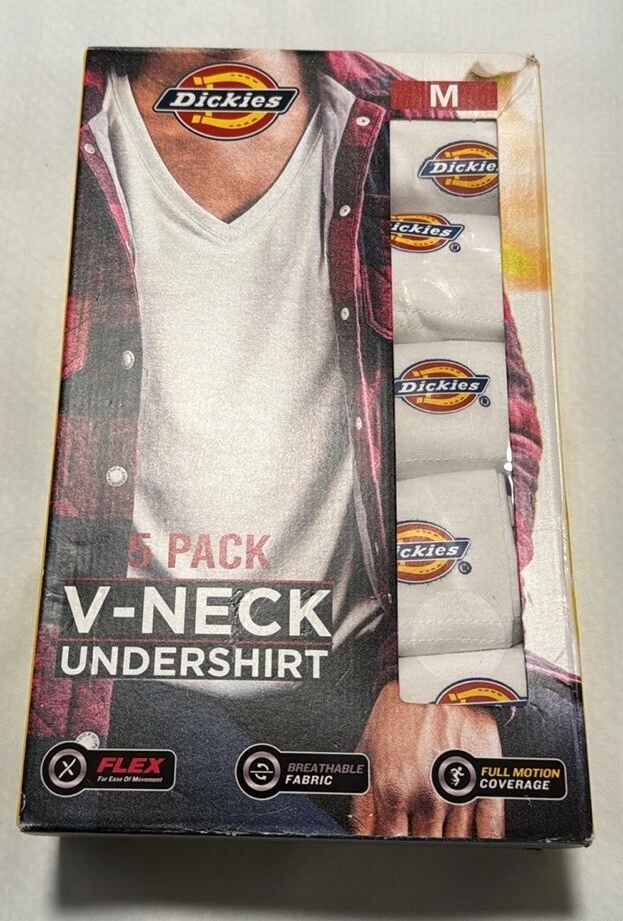 Dickie's 5-Pack V-Neck Undershirts - White - Men's Size Medium