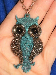 Sparkling Black Hematite Rhinestone Owl Pendant on 28" Textured SP Necklace - Bild 1 von 8
