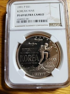 ❤️1991 P $1 Korean War Memorial Commemorative Silver NGC PF69 Ultra Cameo❤️ - Picture 1 of 5