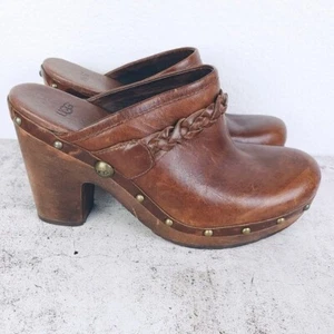 UGG Clogs Mules Leather Wood Sherpa Studded Platform Chunky Heel size 9 Boho - Picture 1 of 12