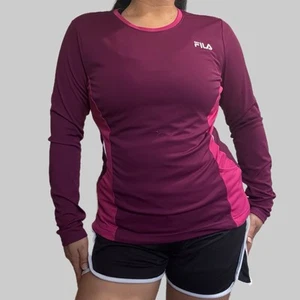 FILA Women's Athletic Maroon and Pink Long Sleeve Round Neck Stretchy Top Size M - Picture 1 of 18