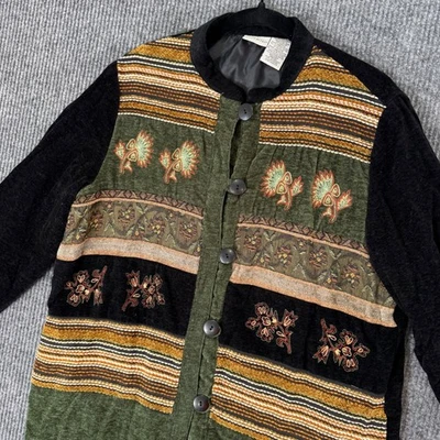 Mujer L Chenille Chaqueta Verde Oliva Bordada Floral Boho Grandmacore Acogedora Foto 1 de 4