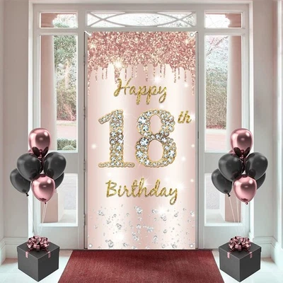 18th Birthday Decorations for Girls, Happy 18th Birthda y Backdrop Banner Roseg - Image 1 of 4