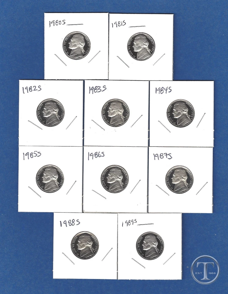 1980 S through 1989 S Proof Jefferson Nickels - Set of Ten - Image 1 of 1