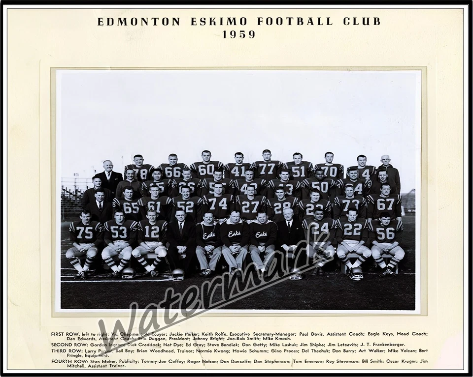 Foto del equipo esquimal CFL Edmonton 1959 en blanco y negro foto 8 X 10 Foto 1 de 1