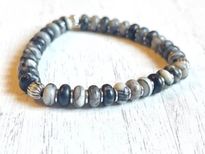 Schwarzes Netzwerk Achat Perlen Armband (auf Stretch) 8 mm 6,5" Zoll echter Stein - Bild 1 von 6