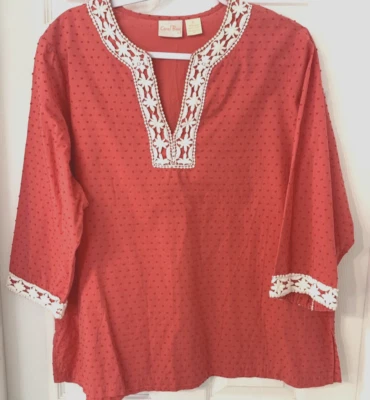 Blusa túnica Coral Bay talla XL rosa punto suizo bordado manga 3/4 Foto 1 de 4