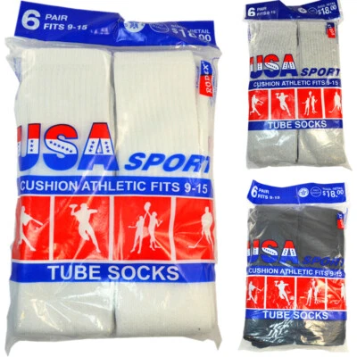 3,6,12 Pairs Men Athletic Sports Solid Cotton Tube Socks Size 9-15 Made In USA - Image 1 of 4