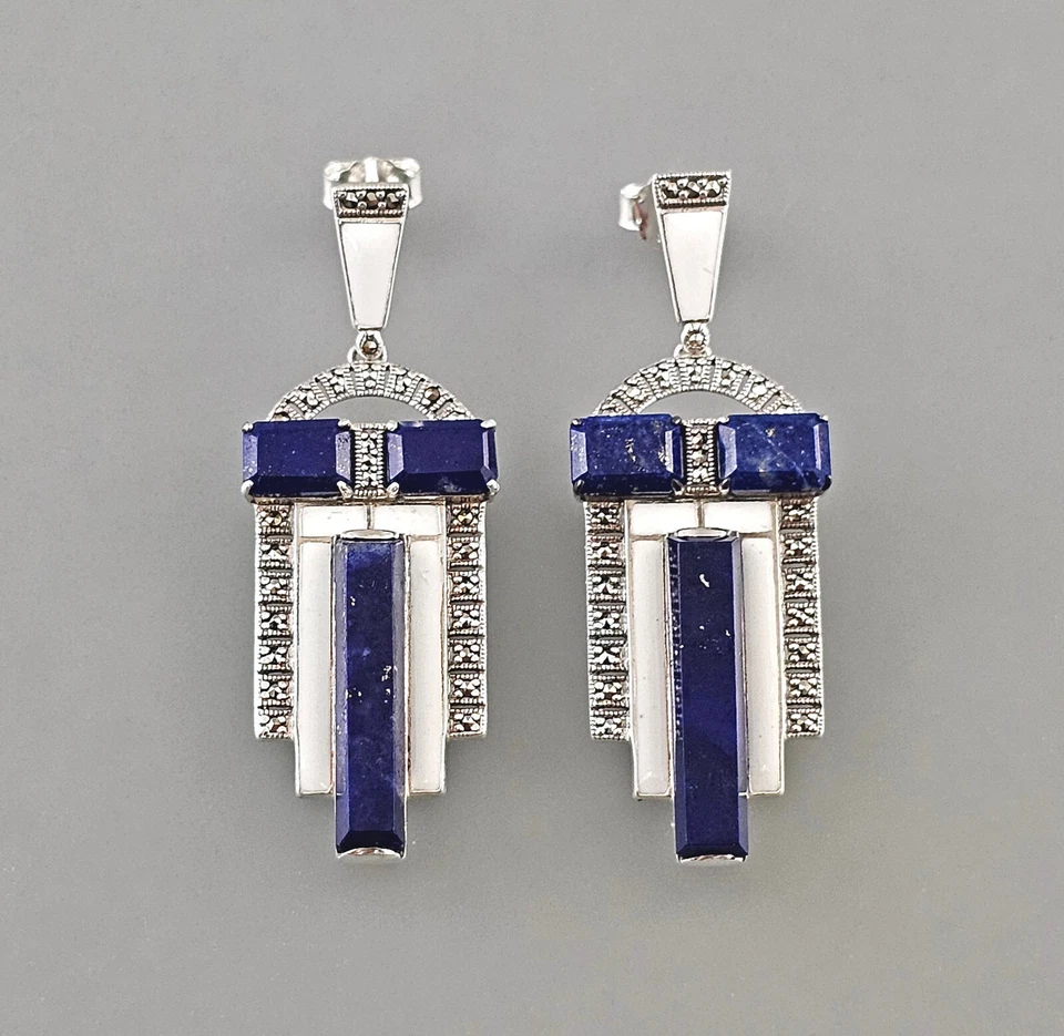 9923496 Lapislazuli-Ohrringe Art deco Markasiten Emaille 925er Silber 1,6x4,5cm - Bild 1 von 1