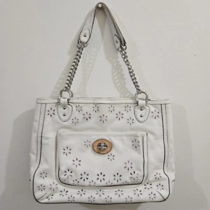 COACH Leather Daisy Eyelet Chain Tote Shoulder Bag White Purse - Picture 1 of 16