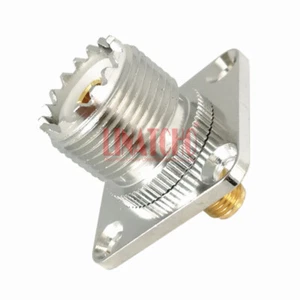 Conector de cable de montaje en panel de 4 orificios brida hembra a SMA hembra UHF SO239 de latón - Imagen 1 de 10