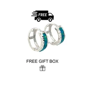 14k White Gold Dark Green Opal Huggie Hoop Earrings - Picture 1 of 2