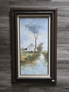 GENE Original Oil Painting on Canvas Framed Barn Farm Landscape - 19in x 31in - Picture 1 of 6