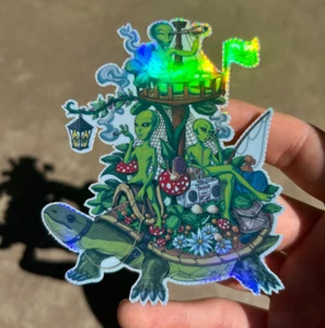 Alien Party holographischer Aufkleber Wasserdicht Vinyl Trippy Stoner Schildkröte Aufkleber - Bild 1 von 2