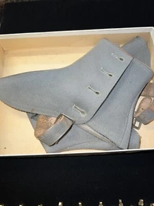 Antique EDWARDIAN BOND STREET Box Cloth Gray SPATS LEATHER STRAPS Original Box - Picture 1 of 10