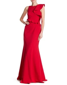 JAY GODFREY Red Rosas Hall One Shoulder Ruffle Stretch Mermaid Maxi Gown 2 US XS - Picture 1 of 4