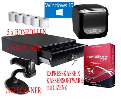 EXPRESSKASSE POS SET: KASSENSOFTWARE LIZENZ +BONDRUCKER +GELDLADE +SCANNER +BONROLLEN WIN7/10