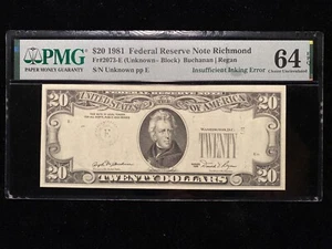 1981 Insufficient Inking Error $20 Note PMG Uncirculated CU64 Missing Print Bill - Picture 1 of 2