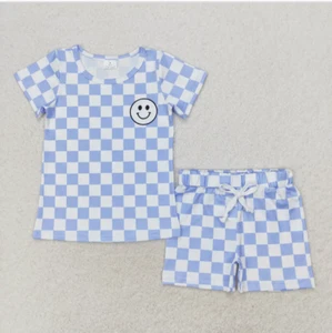 New boutique Matching Sibling Summer Set Toddler Checkered Smiley Blue Beige - Picture 1 of 4