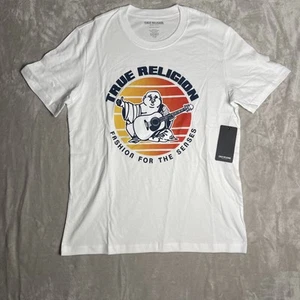 True Religion Brand Jeans Herren Weiß Buddha Logo Kurzarm T-Shirt Gr. L Neu mit Etikett - Bild 1 von 8