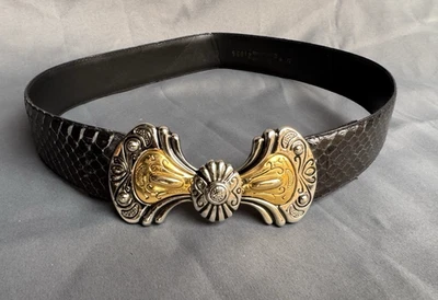 Cierre de gancho vintage años 90 cuero genuino negro piel de serpiente dorado plateado para mujer Foto 1 de 4