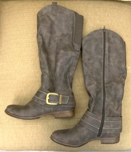 RUFF HEWN Women's 9.5M Charcoal Gray Tall Biker Riding Boots Gold Buckle Sharp! - Picture 1 of 11