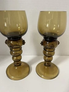 Roemer Blown Glass Pair Wine Glasses Golden Amber Hollow Stem Prunts Germany 2 - Picture 1 of 5