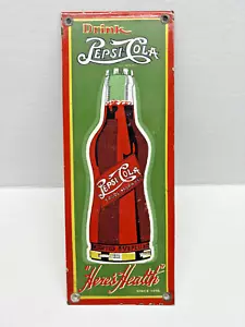 Vintage 12" x 4.5" Porcelain Drink Pepsi Cola Door Push Pull Enamel Metal Sign - Picture 1 of 2