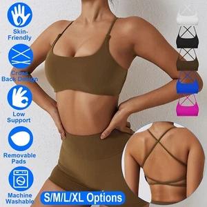 Sports Bras for Women Low Impact Cross Back Strappy Bras Cropped Padded Workout - Picture 1 of 36