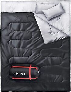 Ohuhu Double Sleeping Bag with 2 Pillows, 18.9" x 11.8" x 11.8", Black 