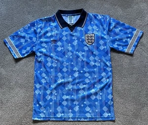 England 1990 Blue Third Retro Jersey - Size Medium -Barney New Order Gascoigne - Picture 1 of 11