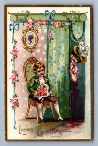 Postkarte Vintage Valentinstag Urlaub Tuck's Floral Missives Mädchen Junge Blumen - Bild 1 von 2