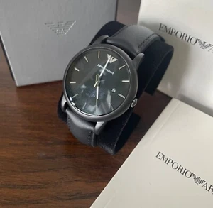 Emporio Armani Mens Classic Black Leather and Silicone Strap Watch AR1973 - Picture 1 of 5