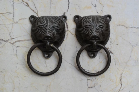 Vintage Cast Iron Panda Bear Door Gate Handle Pull Knobs Knocker Primitive 2 Pic Cover