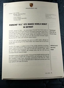 Porche 911 GT2 2001 Press Release World Debut in Detroit 6 Pages - Picture 1 of 1