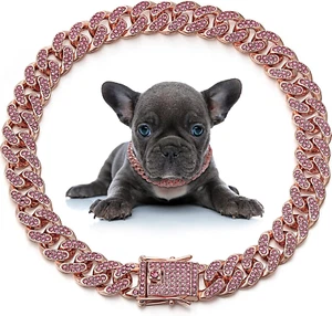 Hundekette Halsband Diamantglied Welpenhalsband 12 mm breit Hundehalsband gold, rosa) - Bild 1 von 12