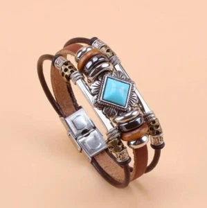 Vintage Faux Turquoise PU Leather Stainless Steel Buckle Bracelet Gift Men Women - Picture 1 of 4