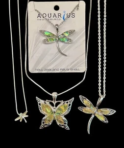Dragonfly Necklace Earrings And Ring Set Silver Tone Paua Shell #F-6 - Picture 1 of 7