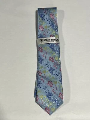 Mens Stacy Adams Blue Multicolor Floral Pattern Tie Matching Pocket Square NEW - Image 1 of 3