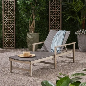Grey Outdoor Chaise Lounge with Acacia Wood & Metal Frame - Picture 1 of 8