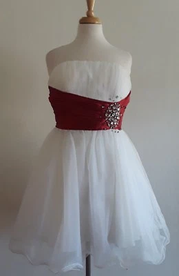 Vestido Narianna Diseñador Formal Blanco/Rojo Encaje Superpuesto Sin Tirantes Estrás Talla L Foto 1 de 4