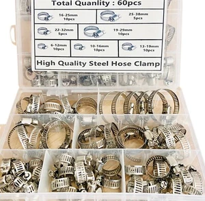 60pcs Adjustable Hose Clamps Worm Gear Stainless Steel Clamp Assortment 7 Sizes - Bild 1 von 12