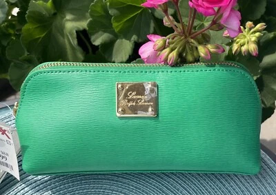 ¡NUEVO CON ETIQUETAS! LAUREN Ralph Lauren VERDE CÉSPED Cuero Pequeño Triángulo Cosmético ¡Gran Regalo! Foto 1 de 4