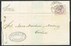1886 Cover London-Spain 2 1/2d Lilac GL London Hooded Circle Cancel - Picture 1 of 2
