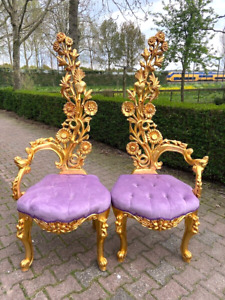 Italian Baroque/Rococo Fantasy High Back Flower Chairs in Purple Velvet - A Pair