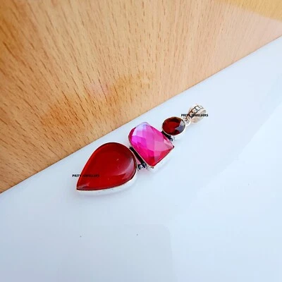 Mystic Topaz With Garnet Silver Plated Pendant, Antique Handmade Pendant - Image 1 of 4