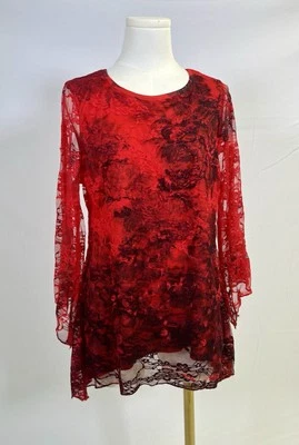 Blusa feminina de renda vintage tamanho M manga longa preta vermelha Wimsigoth fada feminina - Imagem 1 de 4